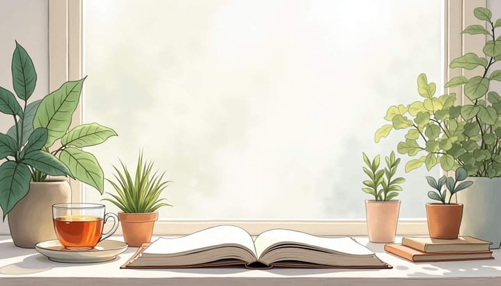 An open journal resting on a sunny windowsill surrounded by a cup of tea, potted plants, and books, creating a peaceful journaling space